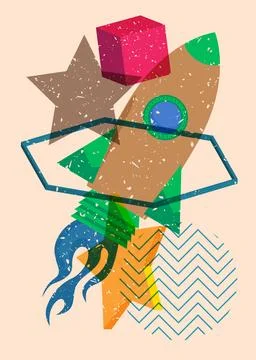 Risograph Rocketship with geometric shapes. Objects in trendy riso graph pr.. Illustrazione stock