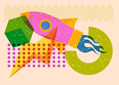 Risograph Rocketship with geometric shapes. Objects in trendy riso graph pr.. Illustrazione stock