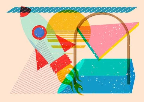 Risograph Rocketship with geometric shapes. Objects in trendy riso graph pr.. 库存插图
