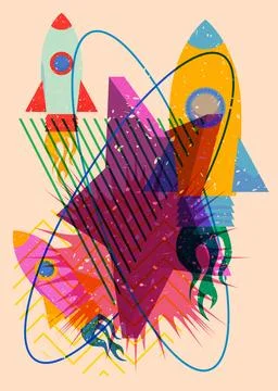 Risograph Rocketship with geometric shapes. Objects in trendy riso graph pr.. Illustration