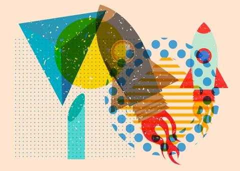 Risograph Rocketship with geometric shapes. Objects in trendy riso graph pr.. Illustration