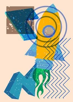 Risograph Rocketship with geometric shapes. Objects in trendy riso graph pr.. Illustration
