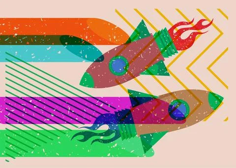 Risograph Rocketship with geometric shapes. Objects in trendy riso graph pr.. Illustration