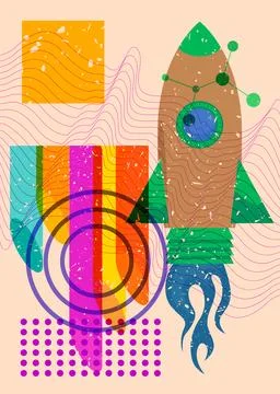 Risograph Rocketship with geometric shapes. Objects in trendy riso graph pr.. Illustration