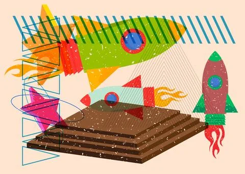 Risograph Rocketship with geometric shapes. Objects in trendy riso graph pr.. Illustration