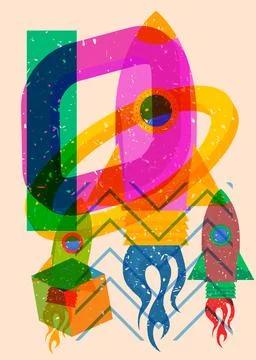 Risograph Rocketship with geometric shapes. Objects in trendy riso graph pr.. Illustration