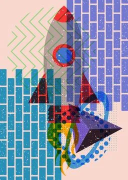 Risograph Rocketship with geometric shapes. Objects in trendy riso graph pr.. Illustration