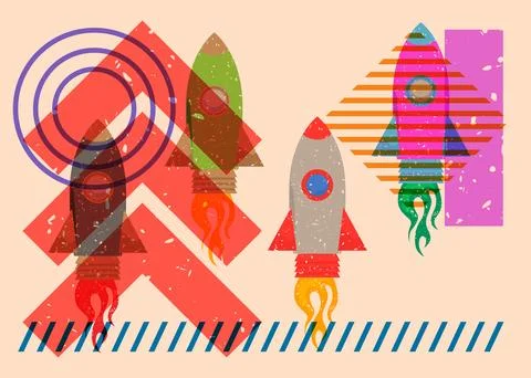 Risograph Rocketship with geometric shapes. Objects in trendy riso graph pr.. Illustration