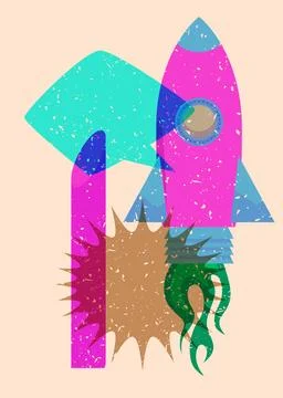 Risograph Rocketship with speech bubble with geometric shapes. Objects in t.. Stock Illustration