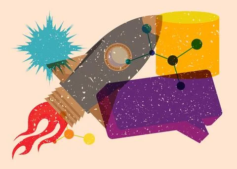 Risograph Rocketship with speech bubble with geometric shapes. Objects in t.. Stock Illustration