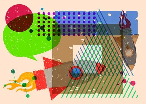Risograph Rocketship with speech bubble with geometric shapes. Objects in t.. Stockillustratie