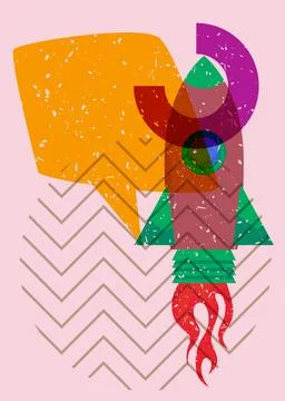 Risograph Rocketship with speech bubble with geometric shapes. Objects in t.. Stockillustratie