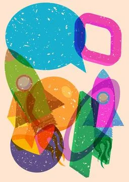 Risograph Rocketship with speech bubble with geometric shapes. Objects in t.. Stockillustratie