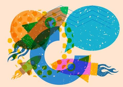 Risograph Rocketship with speech bubble with geometric shapes. Objects in t.. イラスト素材