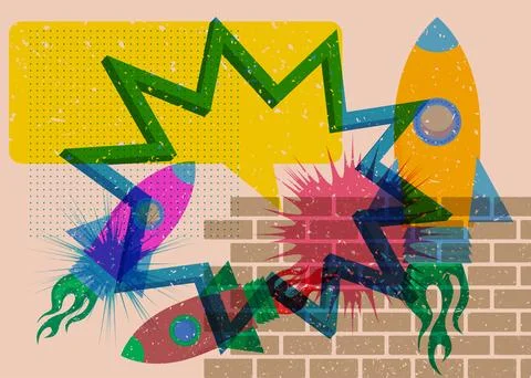 Risograph Rocketship with speech bubble with geometric shapes. Objects in t.. Stockillustratie