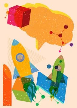 Risograph Rocketship with speech bubble with geometric shapes. Objects in t.. Stockillustratie