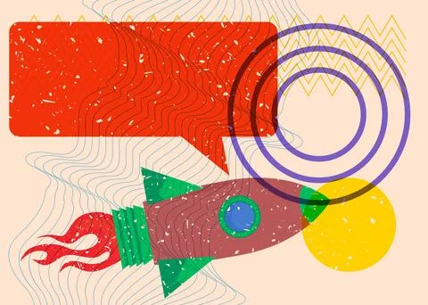 Risograph Rocketship with speech bubble with geometric shapes. Objects in t.. Stockillustratie