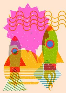 Risograph Rocketship with speech bubble with geometric shapes. Objects in t.. Stockillustratie
