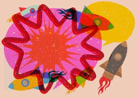 Risograph Rocketship with speech bubble with geometric shapes. Objects in t.. Ilustración de archivo