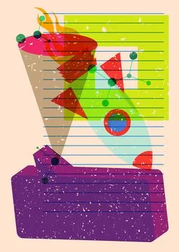 Risograph Rocketship with speech bubble with geometric shapes. Objects in t.. Stockillustratie
