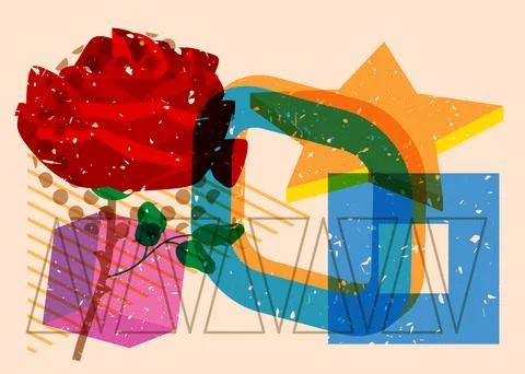 Risograph Rose with geometric shapes. Objects in trendy riso graph print te.. Stock Illustration