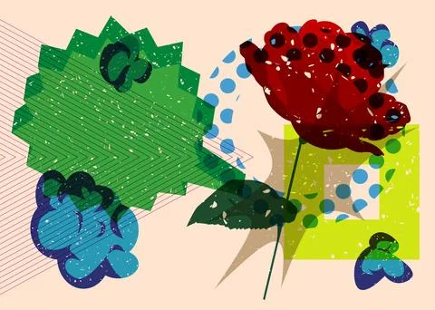 Risograph Rose with speech bubble with geometric shapes. Objects in trendy .. 库存插图