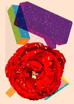 Risograph Rose with speech bubble with geometric shapes. Objects in trendy .. Stock Illustration