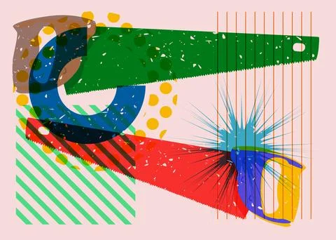 Risograph Saw with geometric shapes. Objects in trendy riso graph print tex.. Illustration
