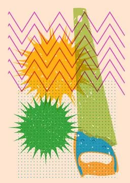 Risograph Saw with geometric shapes. Objects in trendy riso graph print tex.. Stock Illustration