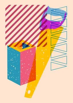 Risograph Saw with geometric shapes. Objects in trendy riso graph print tex.. Illustrazione stock