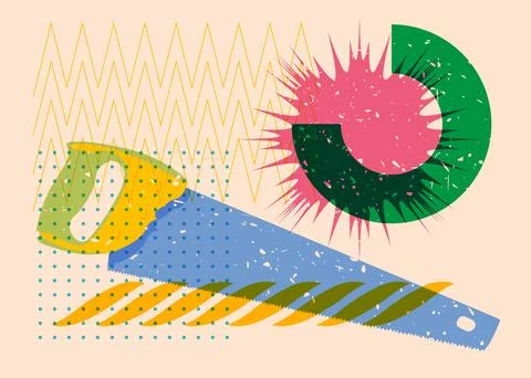 Risograph Saw with geometric shapes. Objects in trendy riso graph print tex.. Illustration