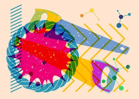 Risograph Saw with geometric shapes. Objects in trendy riso graph print tex.. Illustrazione stock