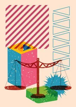 Risograph Scale with geometric shapes. Objects in trendy riso graph print t.. Stock Illustration