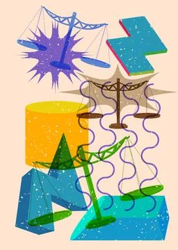 Risograph Scale with geometric shapes. Objects in trendy riso graph print t.. Stock Illustration