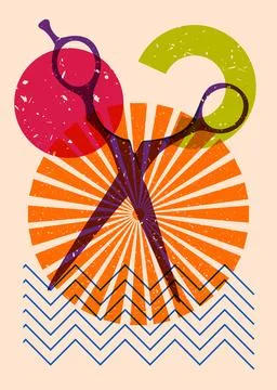 Risograph scissor with geometric shapes. Objects in trendy riso graph print.. Illustrazione stock
