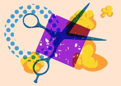 Risograph scissor with geometric shapes. Objects in trendy riso graph print.. Stock Illustration