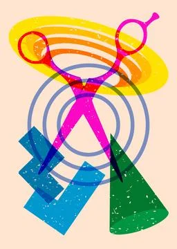 Risograph scissor with geometric shapes. Objects in trendy riso graph print.. Stock Illustration