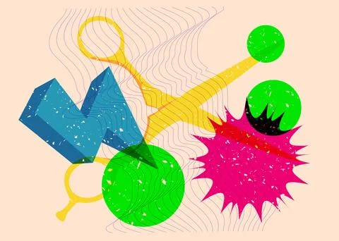 Risograph scissor with geometric shapes. Objects in trendy riso graph print.. Illustrazione stock