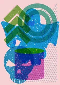 Risograph Skull and ghost with geometric shapes. Halloween objects in trend.. Illustrazione stock