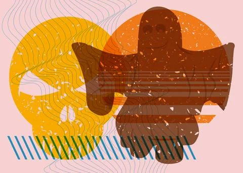 Risograph Skull and ghost with geometric shapes. Halloween objects in trend.. Illustrazione stock