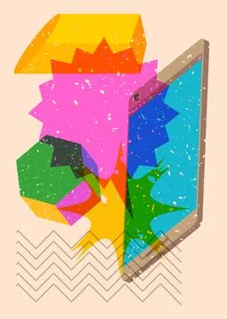 Risograph Smart Phone with speech bubble with geometric shapes. Objects in .. Illustrazione stock