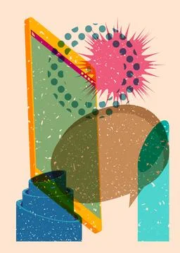 Risograph Smart Phone with speech bubble with geometric shapes. Objects in .. Illustrazione stock