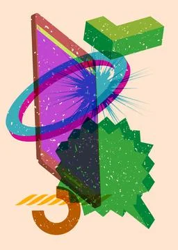 Risograph Smart Phone with speech bubble with geometric shapes. Objects in .. Illustrazione stock