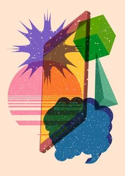 Risograph Smart Phone with speech bubble with geometric shapes. Objects in .. Illustrazione stock