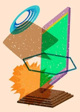 Risograph Smart Phone with speech bubble with geometric shapes. Objects in .. Stock Illustration