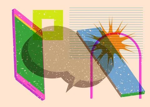 Risograph Smart Phone with speech bubble with geometric shapes. Objects in .. Illustrazione stock