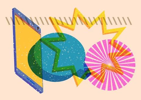 Risograph Smart Phone with speech bubble with geometric shapes. Objects in .. Illustrazione stock