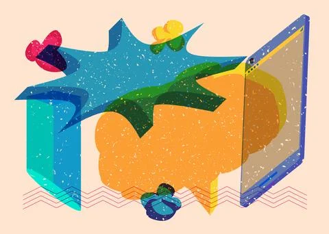 Risograph Smart Phone with speech bubble with geometric shapes. Objects in .. Illustrazione stock