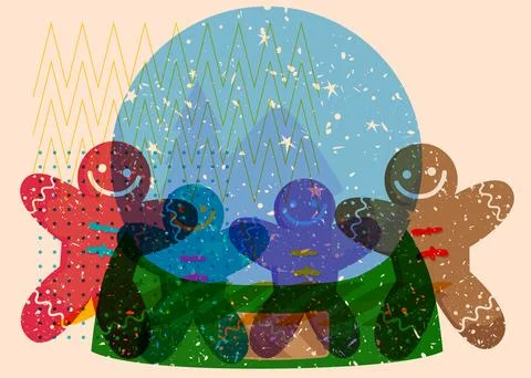 Risograph Snow Globe and Gingerbread Man Christmas Cookie with geometric sh.. Stock Illustration