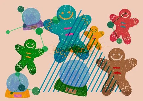Risograph Snow Globe and Gingerbread Man Christmas Cookie with geometric sh.. Stock Illustration